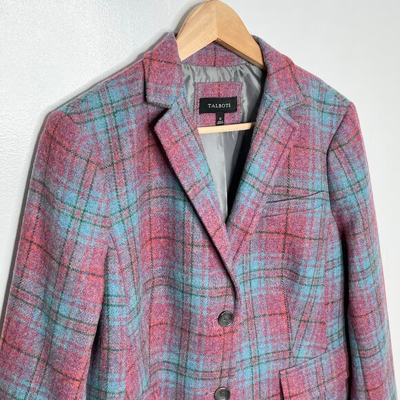 Talbots Womens Wool Blazer Jacket 12 Pink Blue Plaid Button Front Pockets Office - Picture 4 of 11